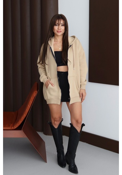 Balenbi Kadın 3 İplik İçi Polarlı Kapüşonlu 75cm Oversize Sweat Hırka 1129 Bej