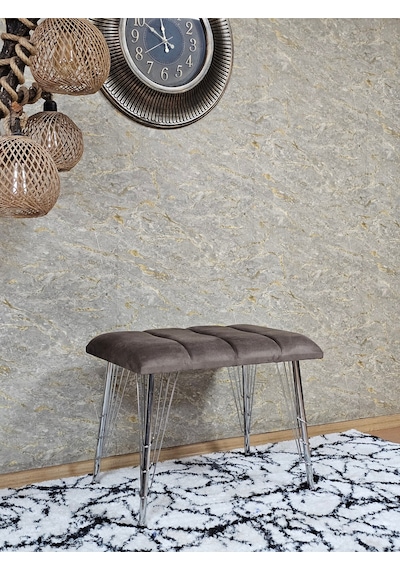 Zafir Metal Krom Tel Ayaklı 60 Cm Puf Bench - Puf - Bench - Oturak - Mutfak Oturağı - Antre Oturağı Kahverengi