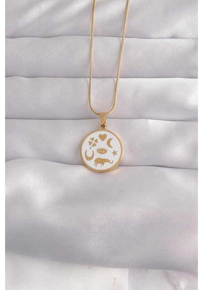 316l Çelik Gold Renk Beyaz Mineli Karışık Figürlü Tarot Kolye - Tj-bko9041 Gümüş