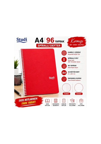 Studi A4 96 Yaprak Spiralli Defter Kırmızı Kareli Çizgili Seçenekli Okul Ders Defteri Çok Renkli