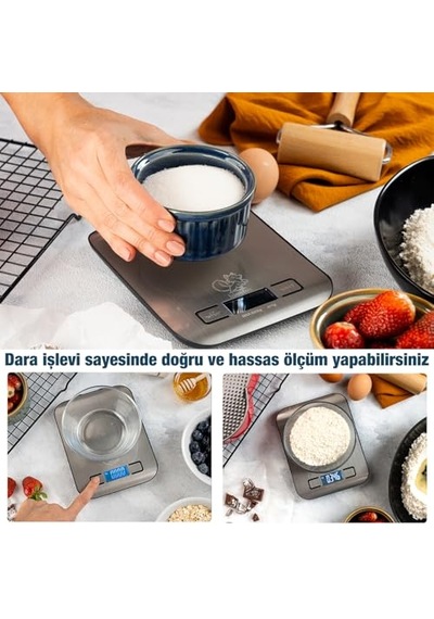 Dijital Mutfak Terazisi - Paslanmaz Çelik Yüzeyli Hassas Mutfak Tartısı - Dara İşlevi, Led Ekran, 5 Birim Dönüş Diğer