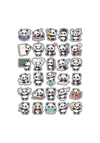 30 Adet Öğrenci Panda Sticker Seti - Laptop Defter Ajanda Telefon İçin Çok Renkli