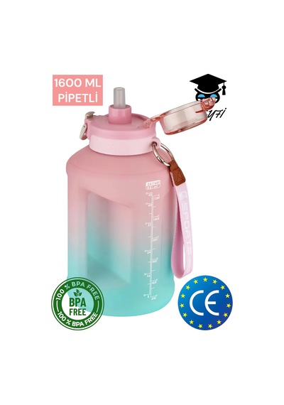 1600 Ml Çift Renk Pipetli Taşıma Askılı Ve Kulplu Motivasyon Su Matarası Vagonlife 2307 001