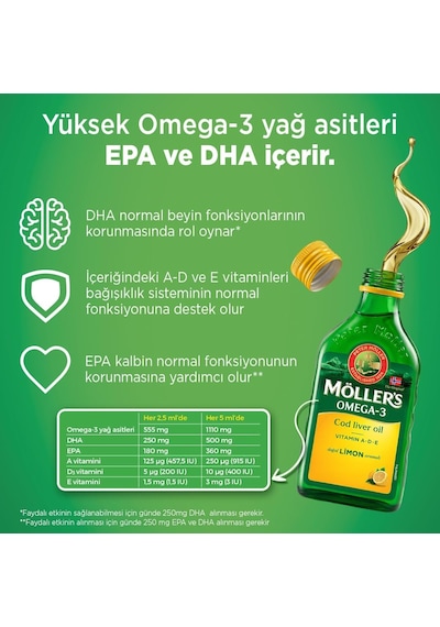 Möller's Omega 3 Doğal Limon Aromalı 250 Ml Saf Morina Balığı Yağı, Ifos Onaylı, Dha, Epa, A D E Vitamini. Çocuklar Ve Yetişkinler İçin Doğal Omega-3