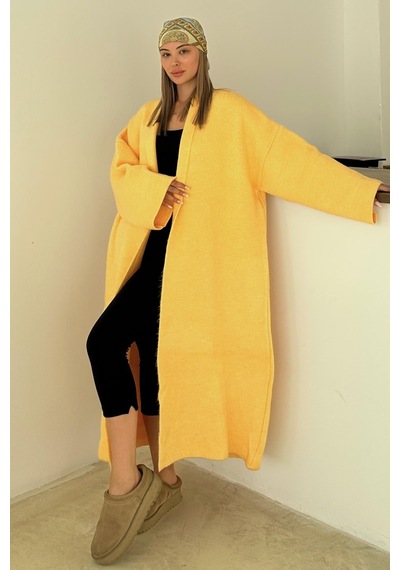 Olcay Oversize Kalın Triko Uzun Hırka Sarı 8274