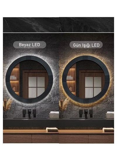 Led Işıklı Safir Siyah Dekoratif İşlemeli Banyo Duvar Aynası 56cm Siyah