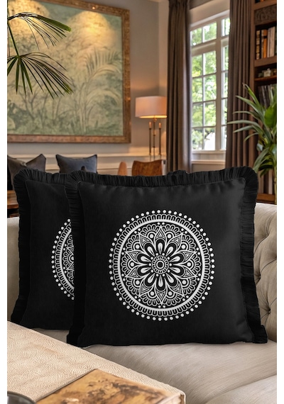 Mandala Motifli Saçaklı Yastık Kılıfı - Bohem Siyah Beyaz Püsküllü Kırlent Kılıfı Orman Nane Yeşili