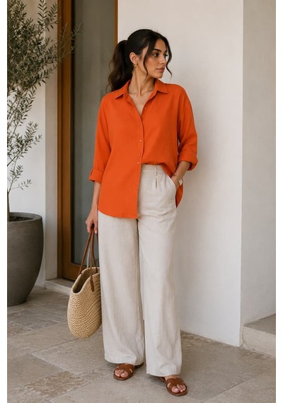 Maşuka Oversize Rahat Kalıp Uzun Kollu Keten Günlük Şık Kadın Gömlek - Tunik Turuncu Turuncu Maşuka Oversize Rahat Kalıp Uzun Kollu Keten Günlük Şık Kadın Gömlek - Tunik Turuncu Turuncu