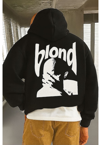 Benroma 3 İplik Penye Blond Baskılı Ünisex Kapüşonlu Sweat SIYAH