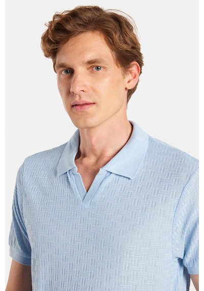 Tudors Erkek Slim Fit Dar Kesim Viskon Kumaş Desenli Düz Pike Düğmesiz Açık Mavi Polo Yaka Tişört-34764 Açik Mavi