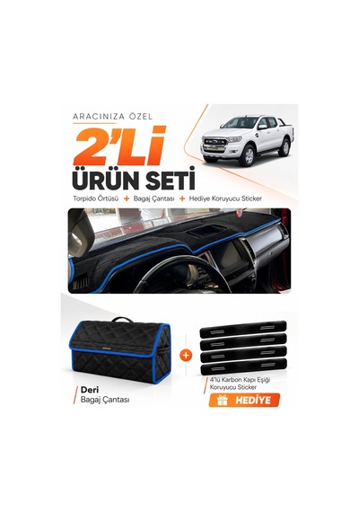 E-biz Ford Ranger 2018-2019 Uyumlu Torpido Örtüsü + Deri Bagaj Çantası Seti - Siyah-mavi - Fo015