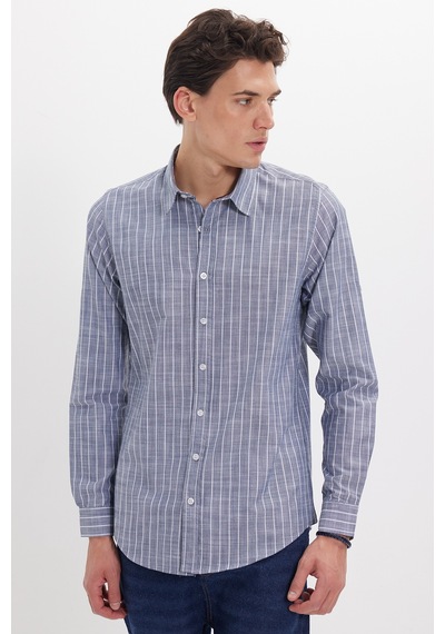 Tudors Erkek Slim Fit Dar Kesim Uzun Kollu %100 Pamuk Keten Doku Çizgili Gömlek-42644 Lacivert