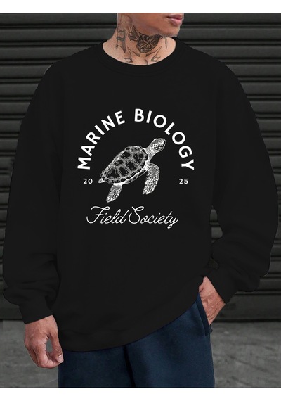 Startmore Startmoredeniz Biyolojisi Kaplumbağa Baskılı Sweatshirt Erkekler İçin Bisiklet Yaka Günlük Kazaklar Po Siyah