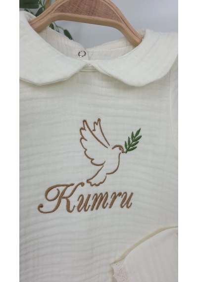 Gros Shop Müslin Yeni Doğan 4katlı Organik %100pamuk Kişiye Özgü Nakışlı Hastane Çıkış Seti Kuş Model-2 Ekru