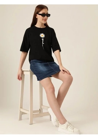 Kadın Papatya Baskılı T-shirt Kısa Kol Bisiklet Yaka Oversize Tişört - Siyah