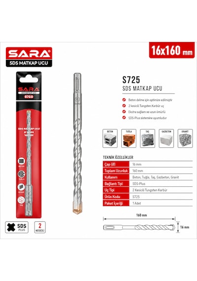 Sara S-725 Sds Plus Matkap Ucu 16 X 160 Mm, 2 Kesicili, Tungsten Karbür Uçlu