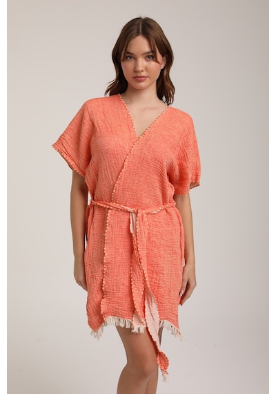 Life For Moda Kadın Kuşaklı Müslin Pareo Kimono P 80 Turuncu