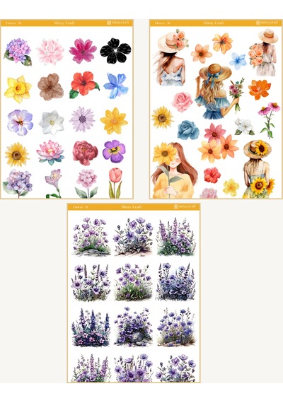 6 Sayfa Çiçek Temalı Sticker Seti 12x17 Cm Scrapbook, Bullet Journal, Planlayıcı İçin Diğer