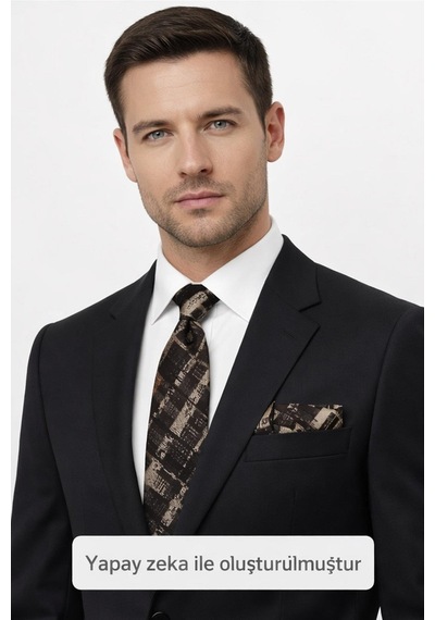 Gaffy Bej Desenli Kahverengi Dokuma Kumaş Mendilli Slim Fit Kravat // Sdk-2601-5 Kahverengi