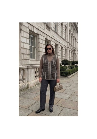 Onno Style Women Kazayağı Desen Renkli Çelik Örgü Triko Kadın Yelek Bej