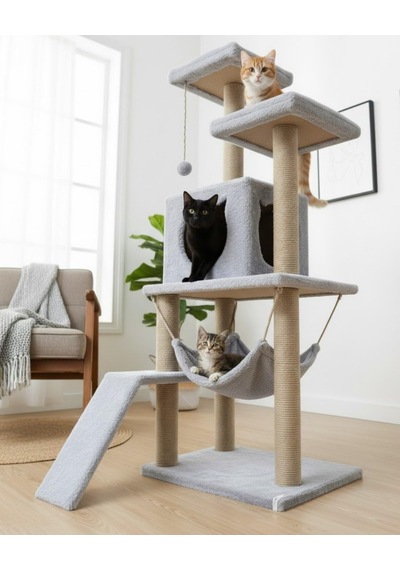 Pet Kedi Tırmalama Kulesi Oyun Evi Platformlu Gri