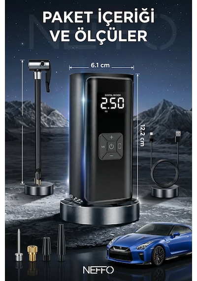 150 Psı Şarjlı Hava Kompresörü 4500mah Lcd Ekranlı Taşınabilir Lastik Şişirme Pompası 0 - 150 Psı 0 - 10 Bar
