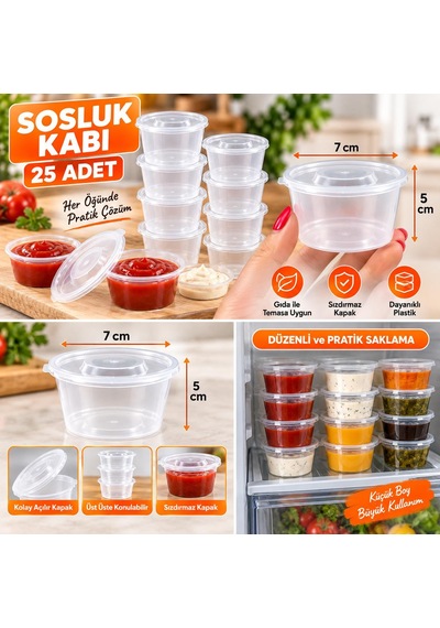 25 Adet Kapaklı Sosluk Saklama Kabı Şeffaf Mini Sos Kabı Et Kemik Suyu Ve Buzluk Kabı