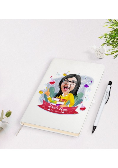 BK Gift Kişiye Özel Kadın Kimya Öğretmeni Karikatürlü Beyaz Defte