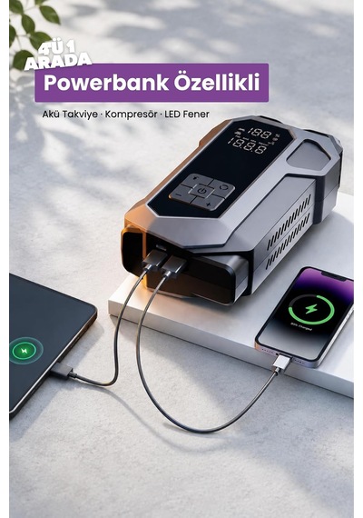 Tr Seyoni 4'ü 1 Arada Akü Takviye Cihazı, Powerbank, Hava Kompresörü, Led Fener, 16.000mah, 150psı, 12 Volt, 200 Am