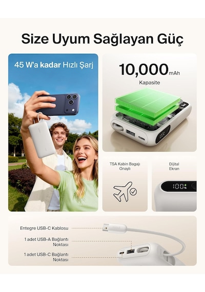 Belkin Bpb029hqsa Ultracharge 10000mah 45w Dahili Usb-c Kablolu Dijital Göstergeli Powerbank - Kum Rengi Siyah
