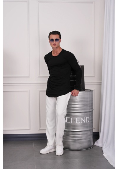 Modefendi Slim Fit Oval Kesim Uzun Kollu Pamuk Basic Tshırt Siyah