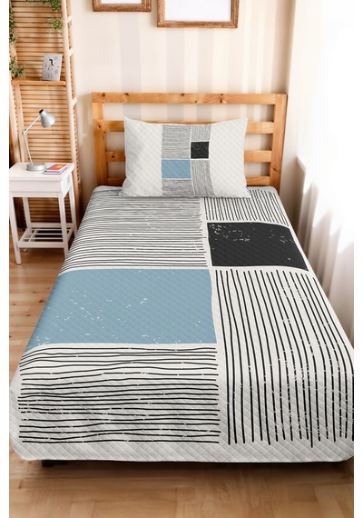 Mavi Geometrik Genç Odası Tek Kişilik Pike Takımı - Çizgili Siyah 160x220 Cm Kapitone Yatak Örtüsü Killi Kuşluk Buharı