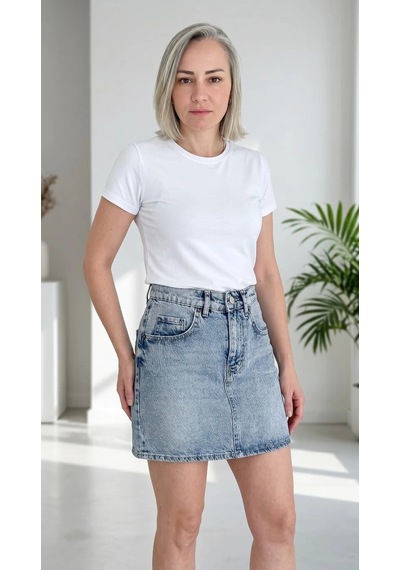 Byemelika Taş Baskılı Zr Denim Mini Etek Buz Mavi