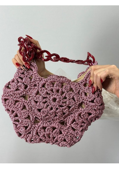 El Örgüsü Çiçekli Kadın El Çantası 30x27 Cm Pembe