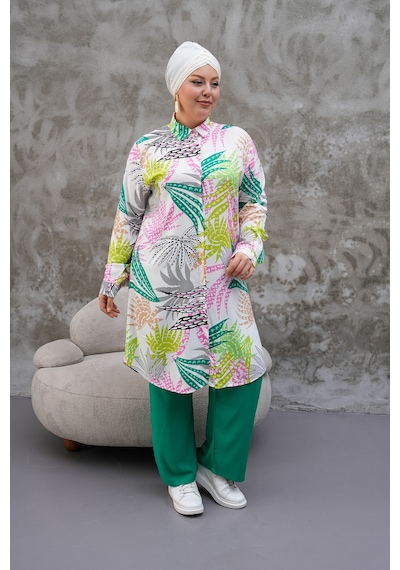 Polologin Butik Renkli Yaprak Desenli Hakim Yaka Tunik Yeşil Pembe Beyaz