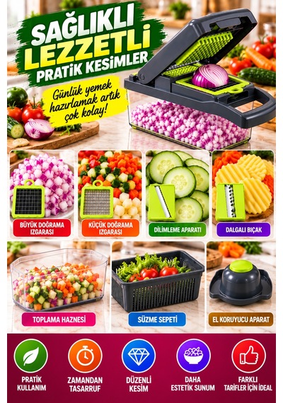 15 Parça Çok Fonksiyonlu Sebze Doğrayıcı Rende Dilimleyici Hazneli Pratik Mutfak Kesici Set Aparatlı Yeşil