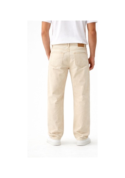 Erkek Yıkamalı Krem Baggy Jean Pantolon Günlük Rahat Kesim Krem