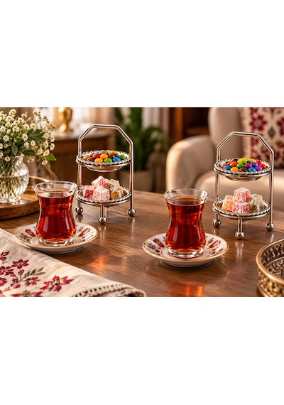 Ela Lüks Silver 2 Katlı Sunumluk 2'li Set Lokumluk Çikolatalık Kulplu Kahve Çay İkram Standı