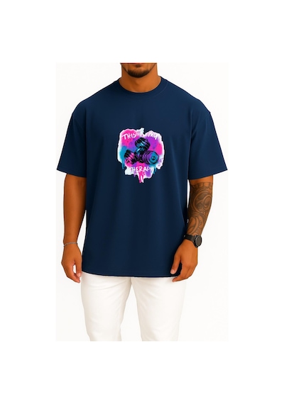 Bahriyeli Collection Oversize Bu Benim Terapim Dumbell Fitness Gym Göğüs Baskılı Unisex T-shirt Lacivert