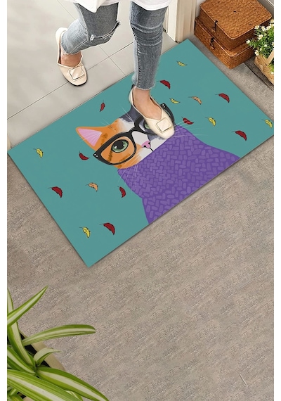Valerine Life Aristokrat Kedi Yeşil Renkli Welcome Hoş Geldiniz Kapı Önü Paspası 45x70cm Kahverengi