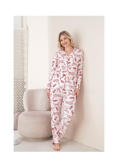 Rindahomewear Kadın Nice Fiyonk Desenli Süet Uzun Kol Kadın Düğmeli Pijama Takımı Beyaz