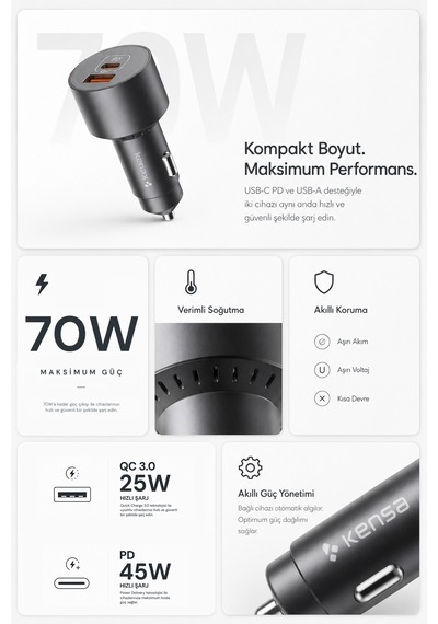 Kensa 70w Araç Hızlı Şarj Aleti Usb-c + Qc Usb-a Girişi Tüm Araçlar Uyumlu Şarj 70w Car Charger