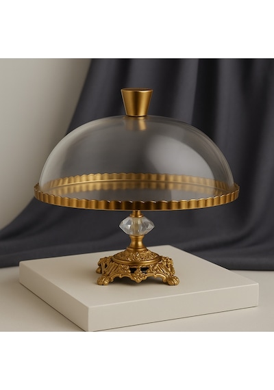 Elta Collection Paşabahçe Lüx Metal Ayaklı Yaldızlı Kek Fanus Pasta Sunumluk Altın