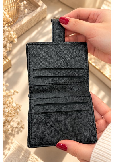 Elpida Bags Kadın Siyah Deri Görünümlü Çok Bölmeli Çıtçıtlı Kartlık & Cüzdan SİYAH
