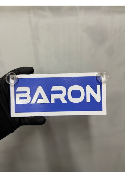 Mavi Renk Üzeri Beyaz Renk Baron Yazılı Vantuzlu Cam Süsü