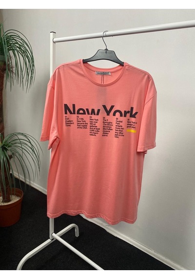 Kadın Bisiklet Yaka Oversize Kalıp New York Baskılı Tişort Spr24tsk112 Pembe