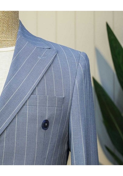 Bys Beystil Sivri Yaka Mavi Çizgili Kruvaze Takım Elbise 53151 - Slim Fit