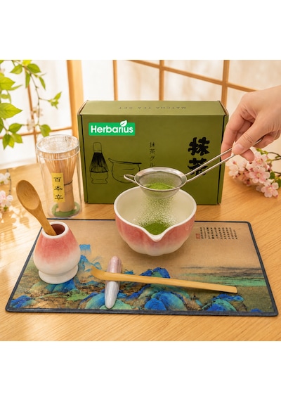 Herbarius 8 Parça Beyaz Geçişli Pudra Pembe Renk Matcha Çayı Hazırlama Seti - Geleneksel Japon Matcha Seti Pembe - Beyaz