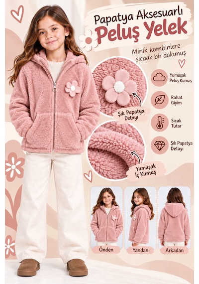 Ahengim Kız Çocuk Kapüşonlu Fermuarlı Peluş Hırka Mont Çiçek Detaylı Cepli Yumuşak Ve Sıcak Tutan Ak4123 Pembe Ahengim Kız Çocuk Kapüşonlu Fermuarlı Peluş Hırka Mont Çiçek Detaylı Cepli Yumuşak Ve Sıcak Tutan Ak4123 Pembe