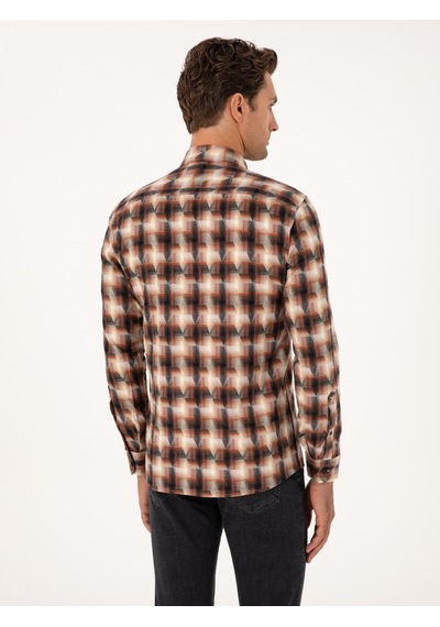 Cacharel Kiremit Slim Fit %100 Pamuk Desenli Gömlek Kırmızı